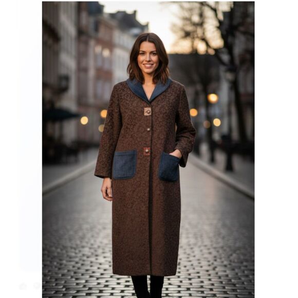 Dot & Vera Coat Vintage 60s Boho Brown Floral Full Length Elbow Patches Size L - Picture 1 of 9